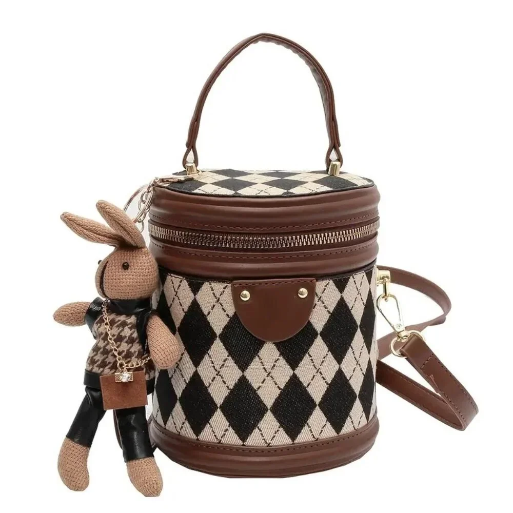 Argyle checkered bucket crossbody bag with brown trim and bunny charm ๐ - Picture 8 of 12
